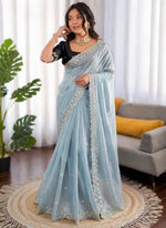 Thumbnail for Prazu Fashion Sky Blue Sequence Beds Work Organza Silk Party Wear Saree - Distacart