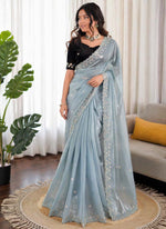 Thumbnail for Prazu Fashion Sky Blue Sequence Beds Work Organza Silk Party Wear Saree - Distacart