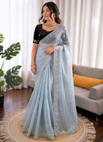 Thumbnail for Prazu Fashion Sky Blue Sequence Beds Work Organza Silk Party Wear Saree - Distacart