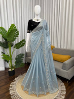 Thumbnail for Prazu Fashion Sky Blue Sequence Beds Work Organza Silk Party Wear Saree - Distacart
