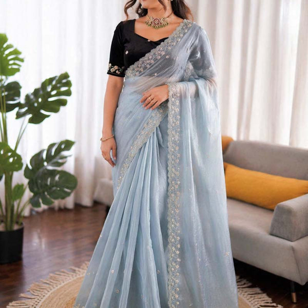 Prazu Fashion Sky Blue Sequence Beds Work Organza Silk Party Wear Saree - Distacart