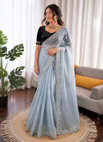 Thumbnail for Prazu Fashion Sky Blue Sequence Beds Work Organza Silk Party Wear Saree - Distacart