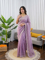 Thumbnail for Prazu Fashion Lavender Sequence Beds Work Organza Silk Party Wear Saree - Distacart