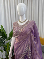 Thumbnail for Prazu Fashion Lavender Sequence Beds Work Organza Silk Party Wear Saree - Distacart