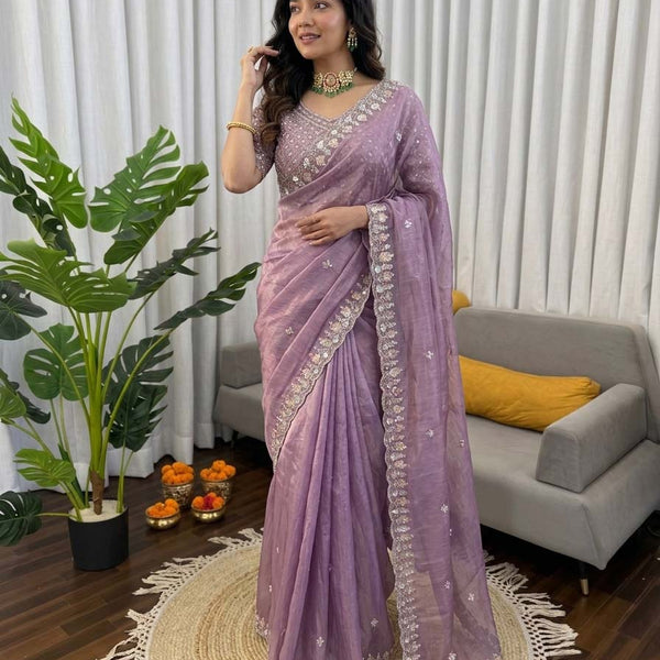 Prazu Fashion Lavender Sequence Beds Work Organza Silk Party Wear Saree - Distacart