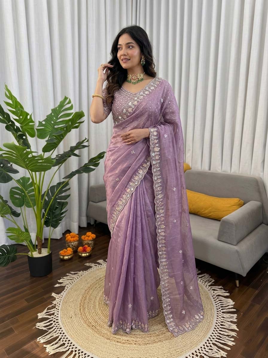 Prazu Fashion Lavender Sequence Beds Work Organza Silk Party Wear Saree - Distacart