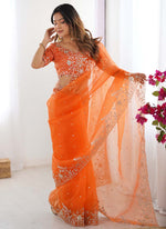 Thumbnail for Prazu Fashion Orange Thread Sequence Organza Silk Party Wear Saree - Distacart