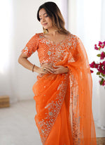 Thumbnail for Prazu Fashion Orange Thread Sequence Organza Silk Party Wear Saree - Distacart