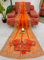 Thumbnail for Prazu Fashion Orange Thread Sequence Organza Silk Party Wear Saree - Distacart