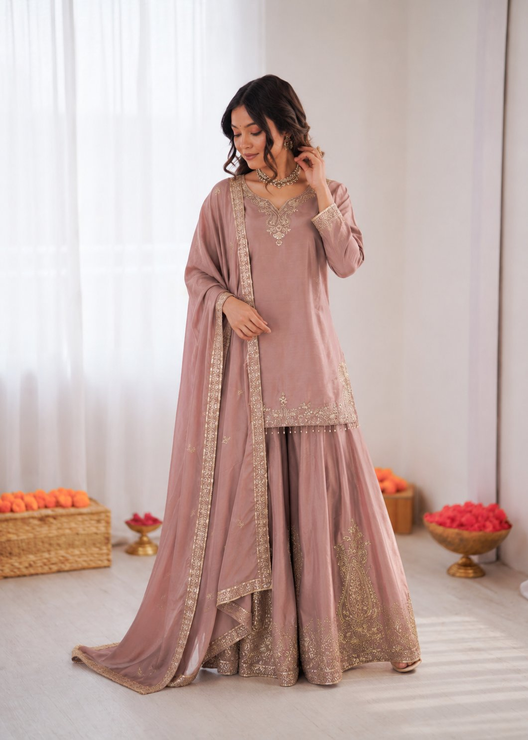 Prazu Fashion Onion Pink Crepe Thread With Sequence Designer Sharara Suit - Dista