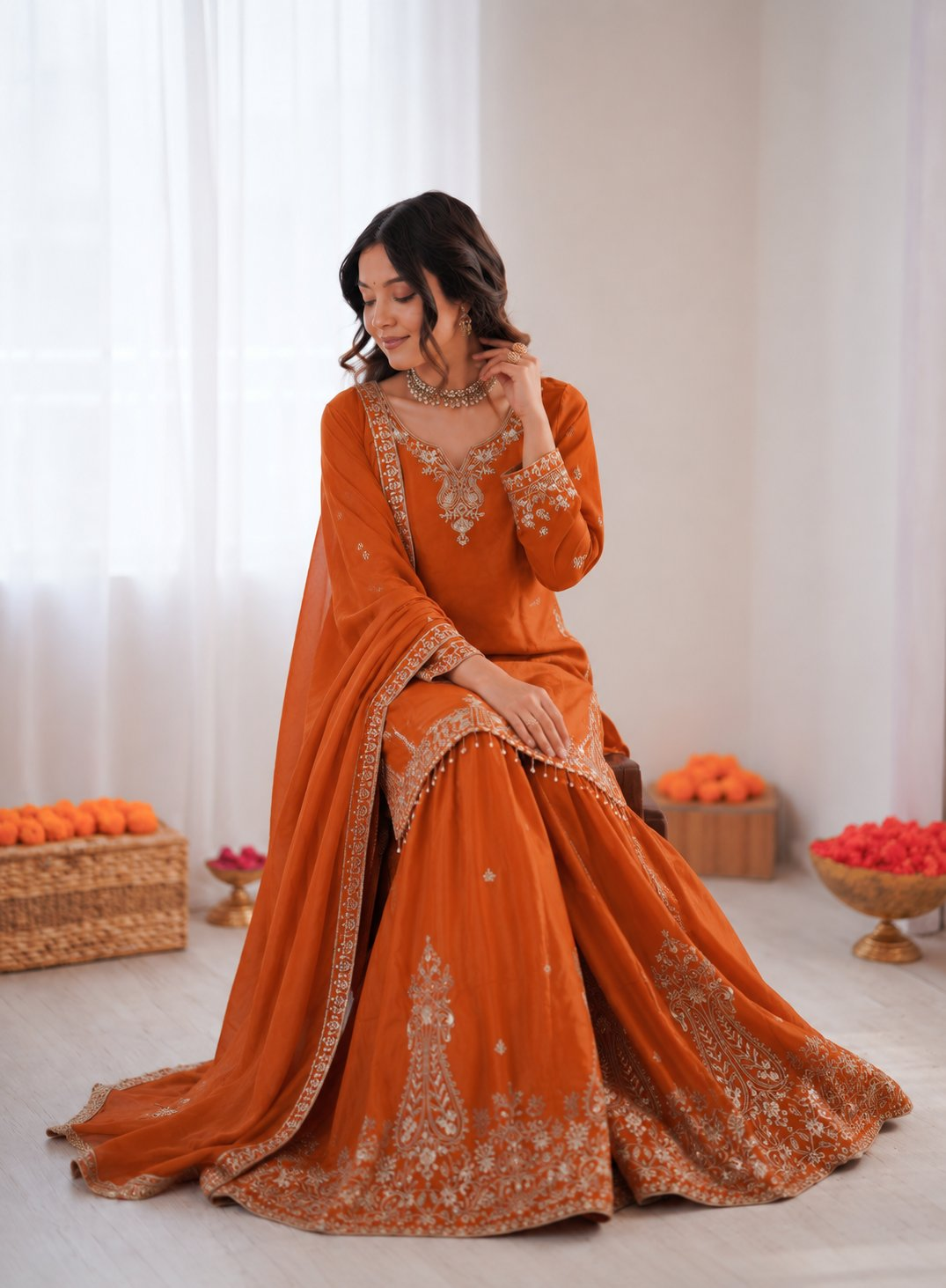Prazu Fashion Orange Crepe Thread With Sequence Designer Sharara Suit - Dista