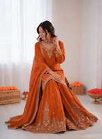 Thumbnail for Prazu Fashion Orange Crepe Thread With Sequence Designer Sharara Suit - Dista