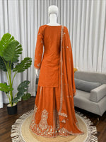 Thumbnail for Prazu Fashion Orange Crepe Thread With Sequence Designer Sharara Suit - Dista