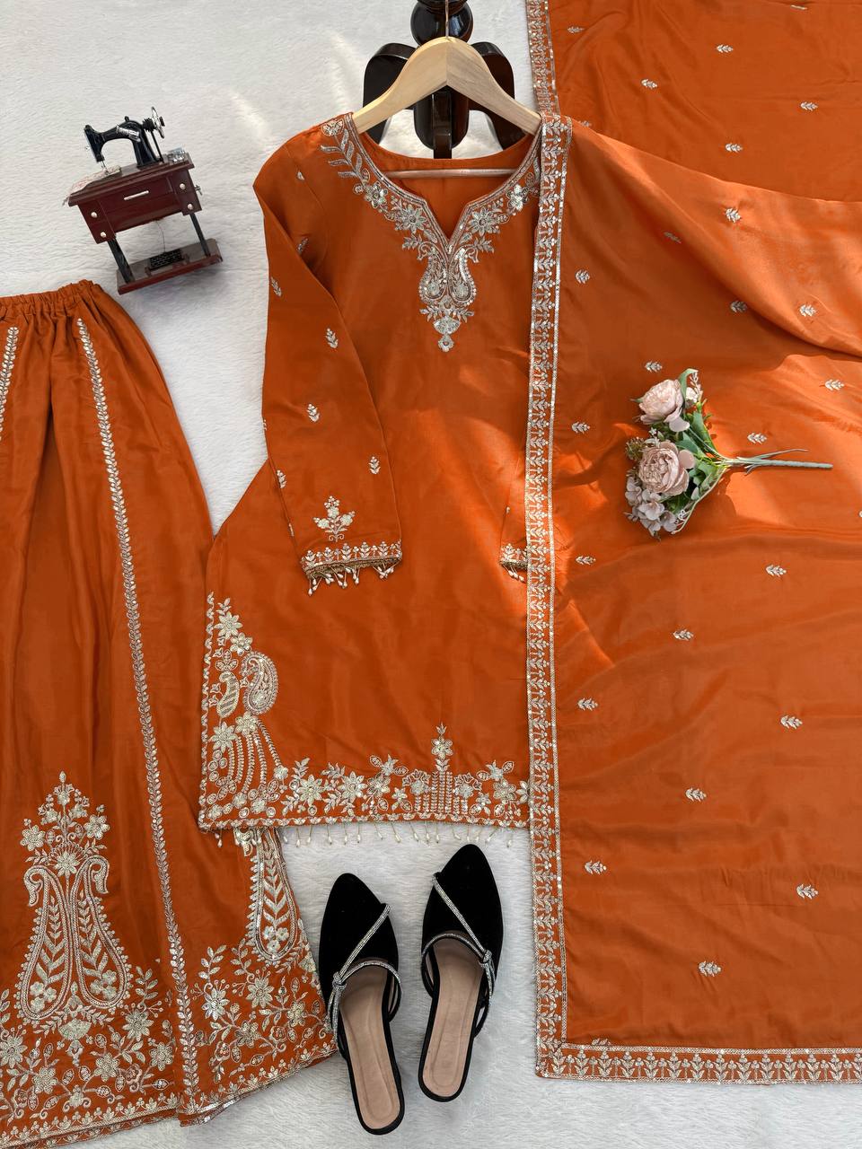 Prazu Fashion Orange Crepe Thread With Sequence Designer Sharara Suit - Dista