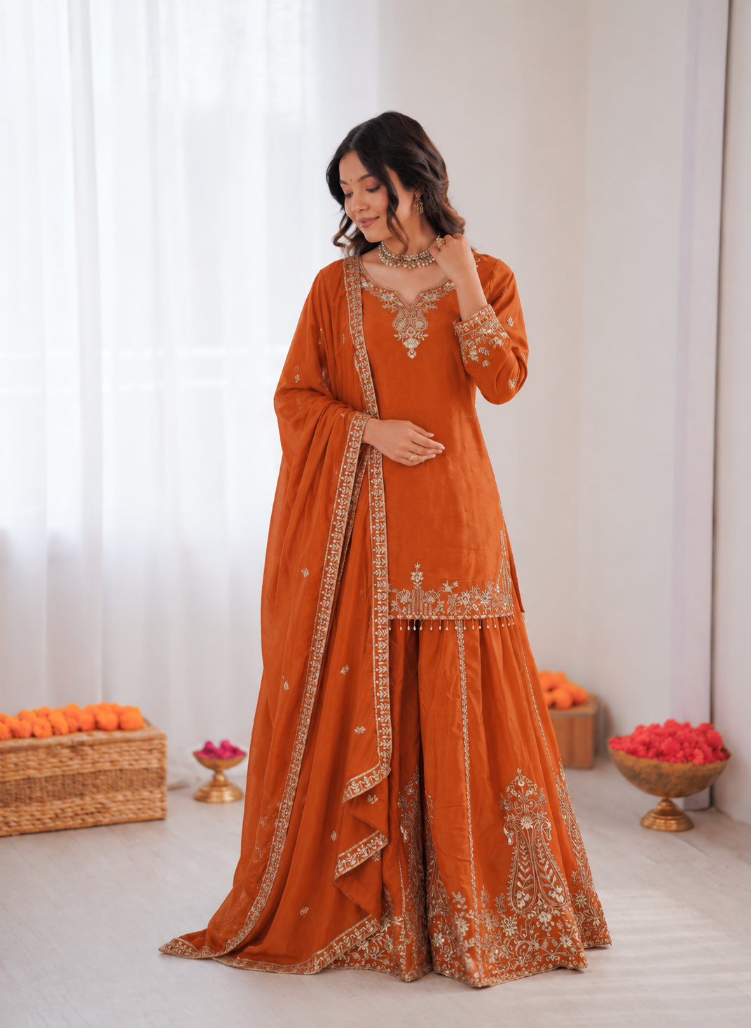 Prazu Fashion Orange Crepe Thread With Sequence Designer Sharara Suit - Dista