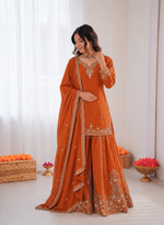 Thumbnail for Prazu Fashion Orange Crepe Thread With Sequence Designer Sharara Suit - Dista