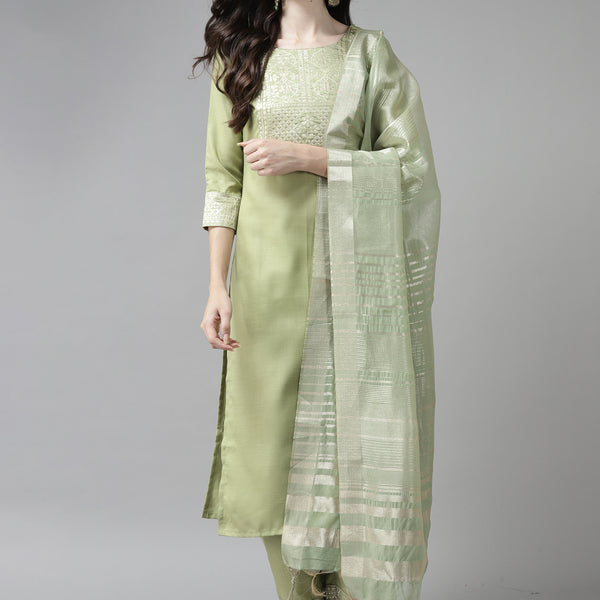 Indo Era Solid Green Straight Kurta Palazzo With Dupatta Set - Distacart