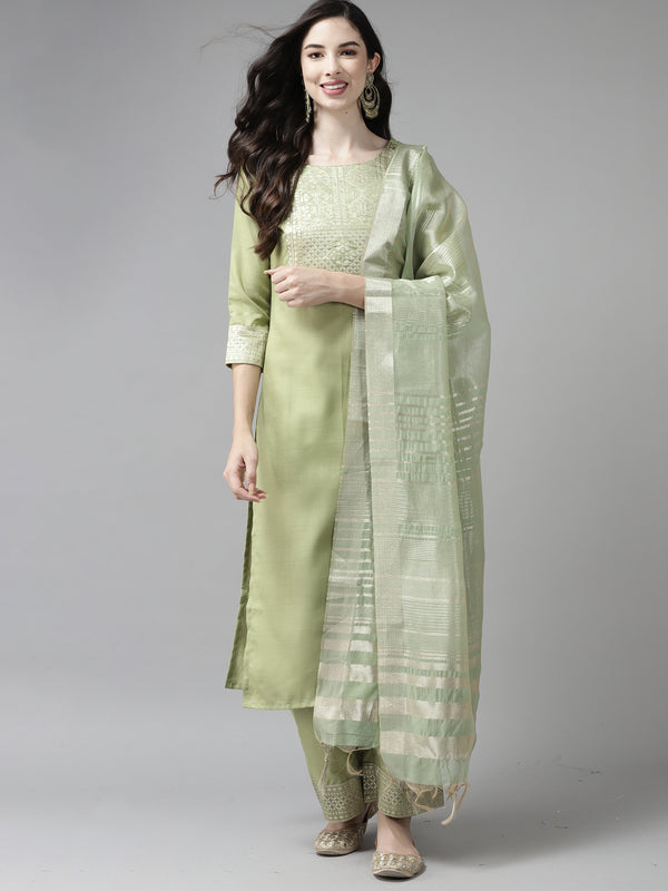 Indo Era Solid Green Straight Kurta Palazzo With Dupatta Set