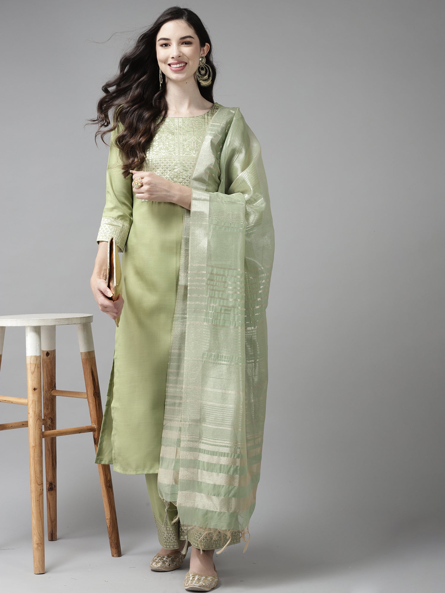 Indo Era Solid Green Straight Kurta Palazzo With Dupatta Set