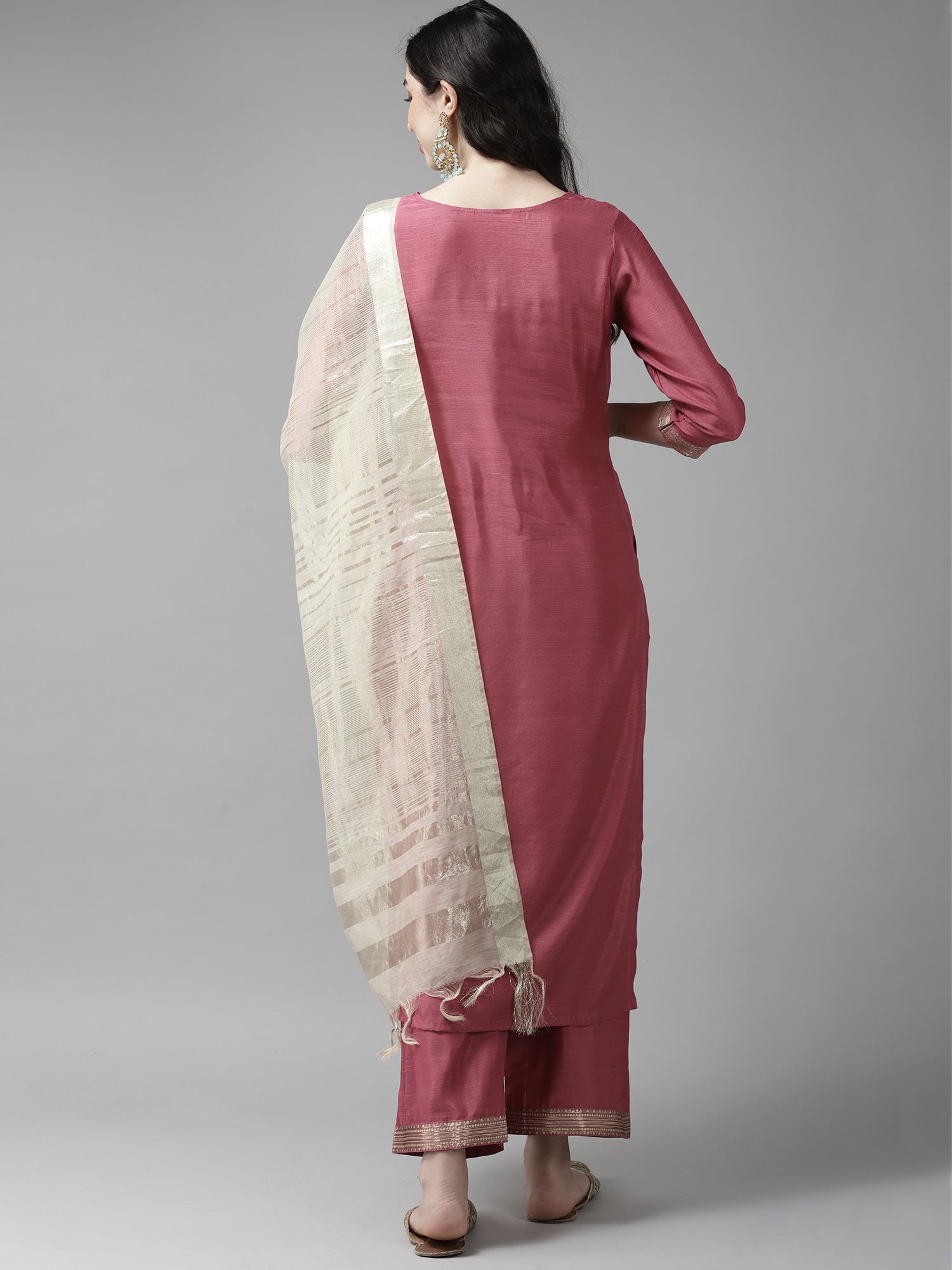 Indo Era Solid Pink Straight Kurta Palazzo With Dupatta Set - Distacart