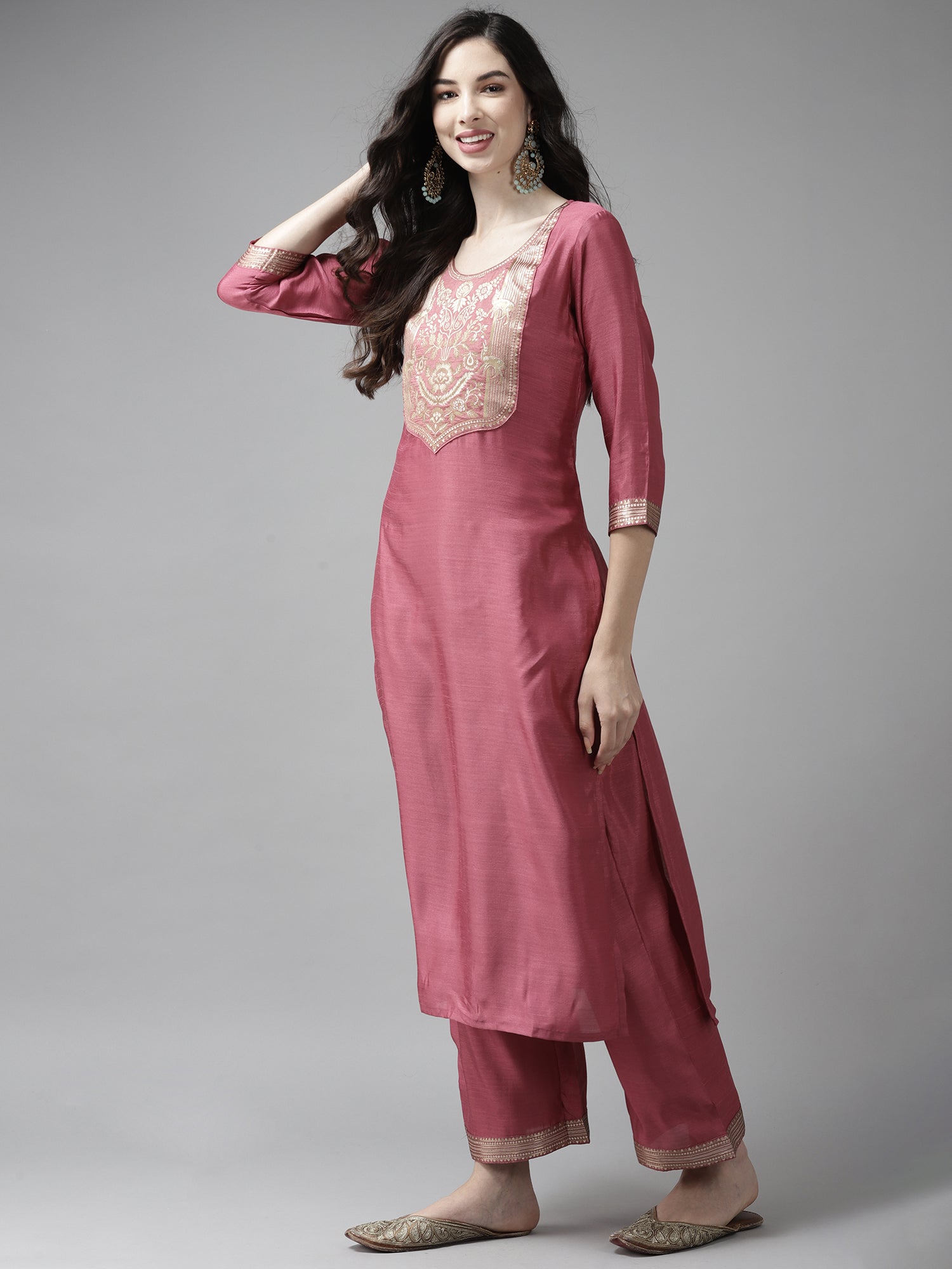 Indo Era Solid Pink Straight Kurta Palazzo With Dupatta Set - Distacart