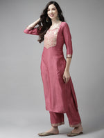 Thumbnail for Indo Era Solid Pink Straight Kurta Palazzo With Dupatta Set - Distacart