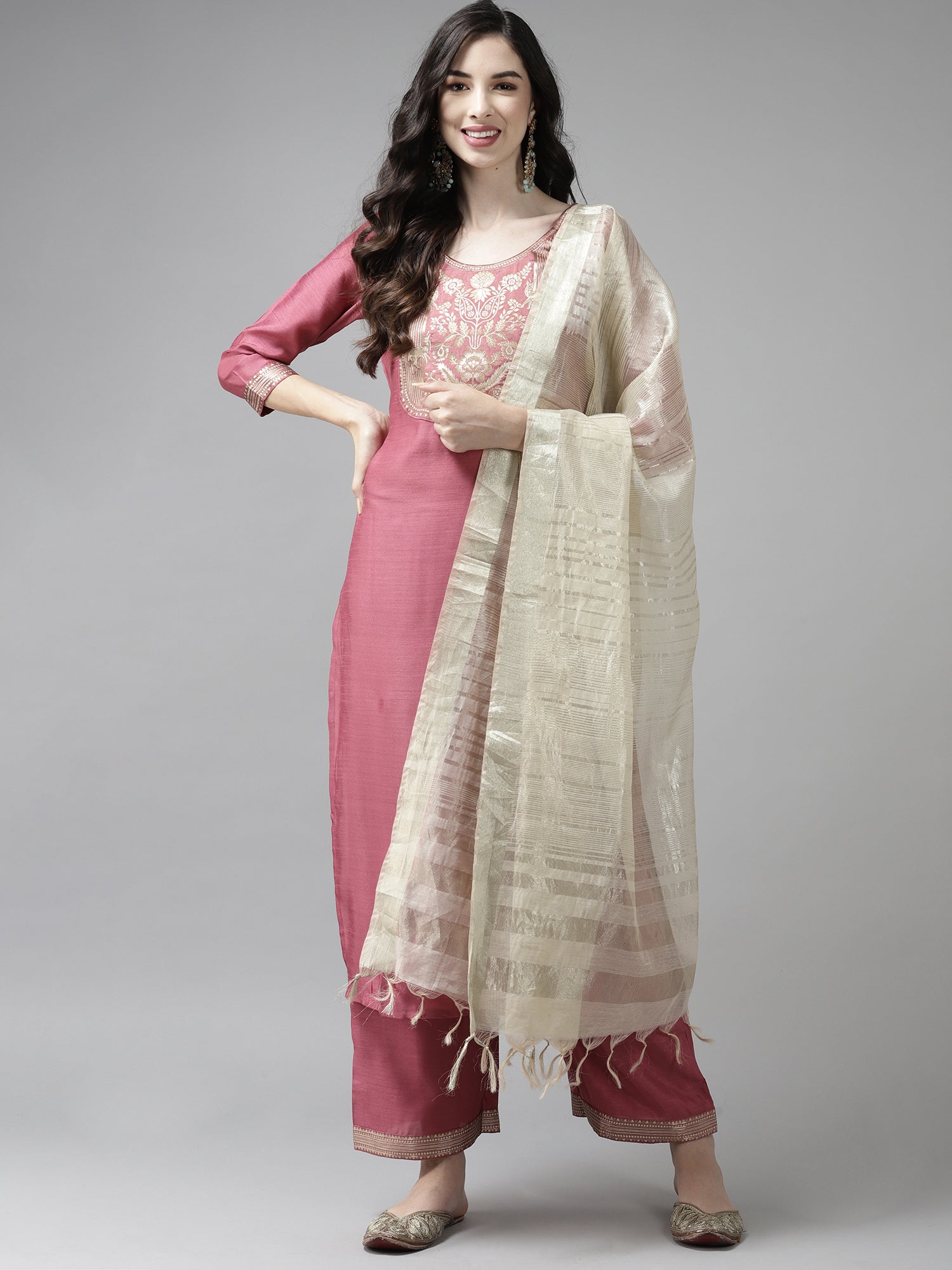Indo Era Solid Pink Straight Kurta Palazzo With Dupatta Set - Distacart