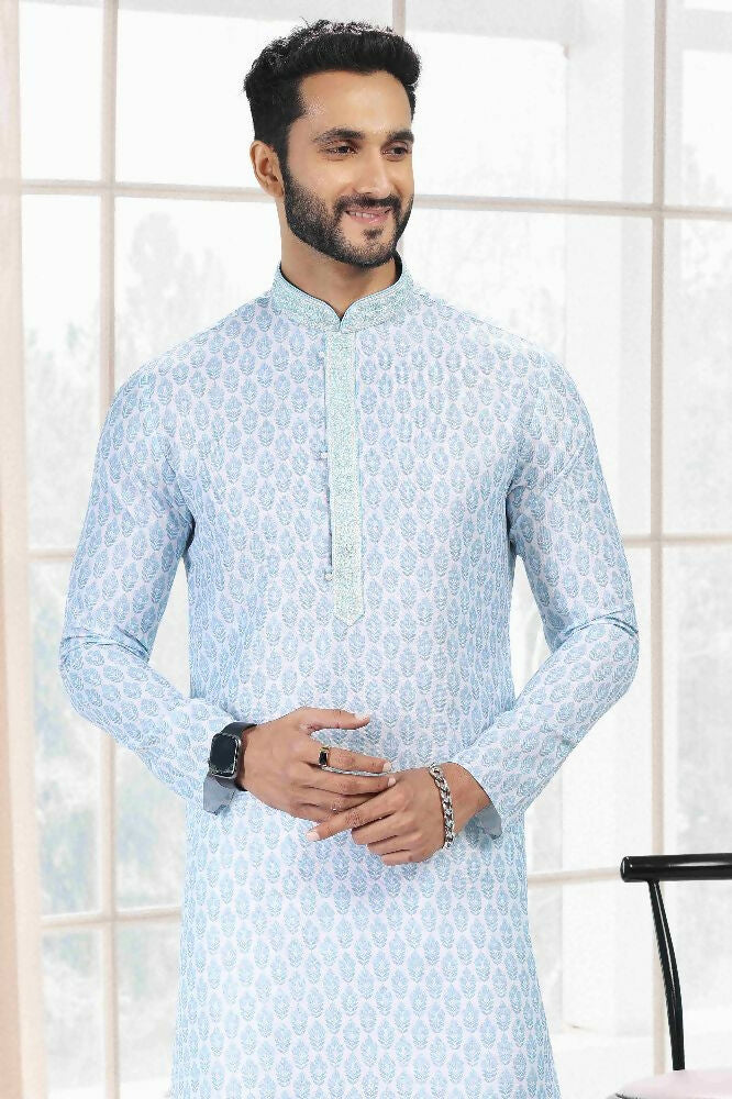 Raivat Ethnic Cotton Thread Work Kurta Pajama In Sky Blue Colour - Dista