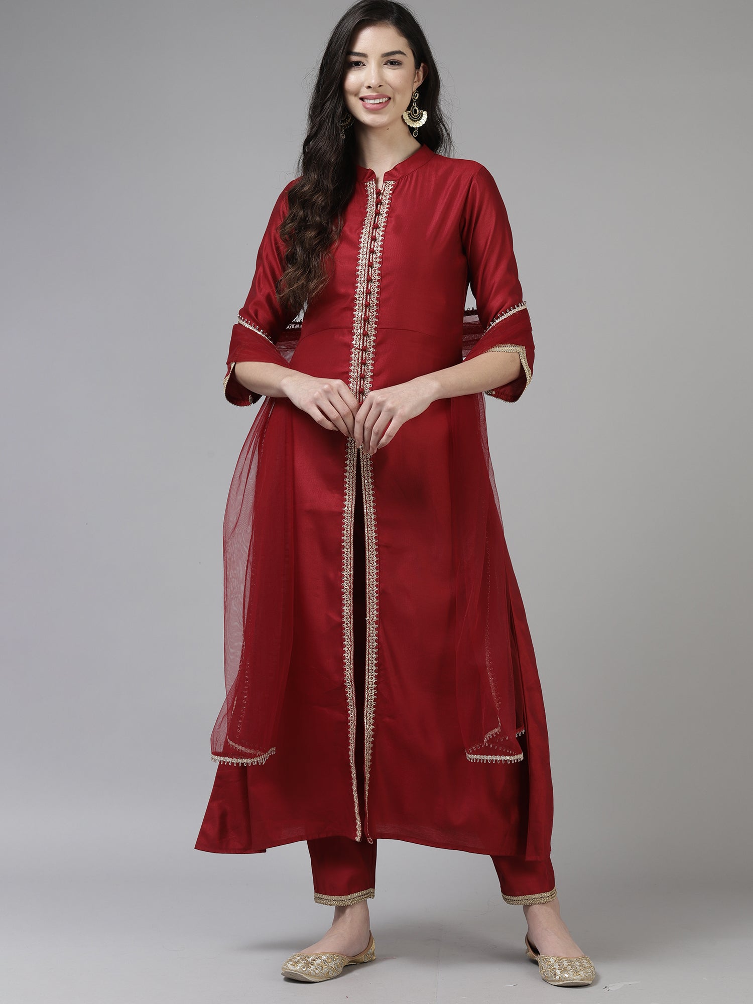 Indo Era Red Embroidered Straight Kurta Trouser With Dupatta Set - Distacart