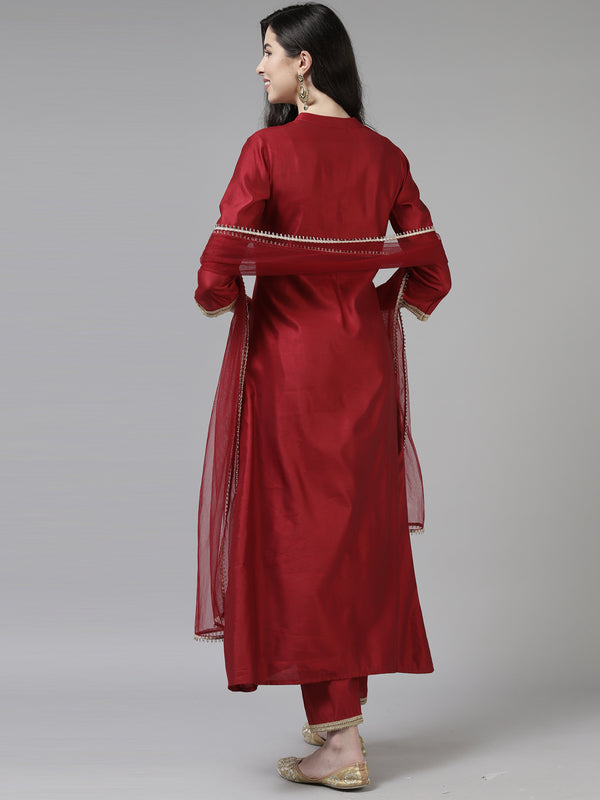 Indo Era Red Embroidered Straight Kurta Trouser With Dupatta Set - Distacart