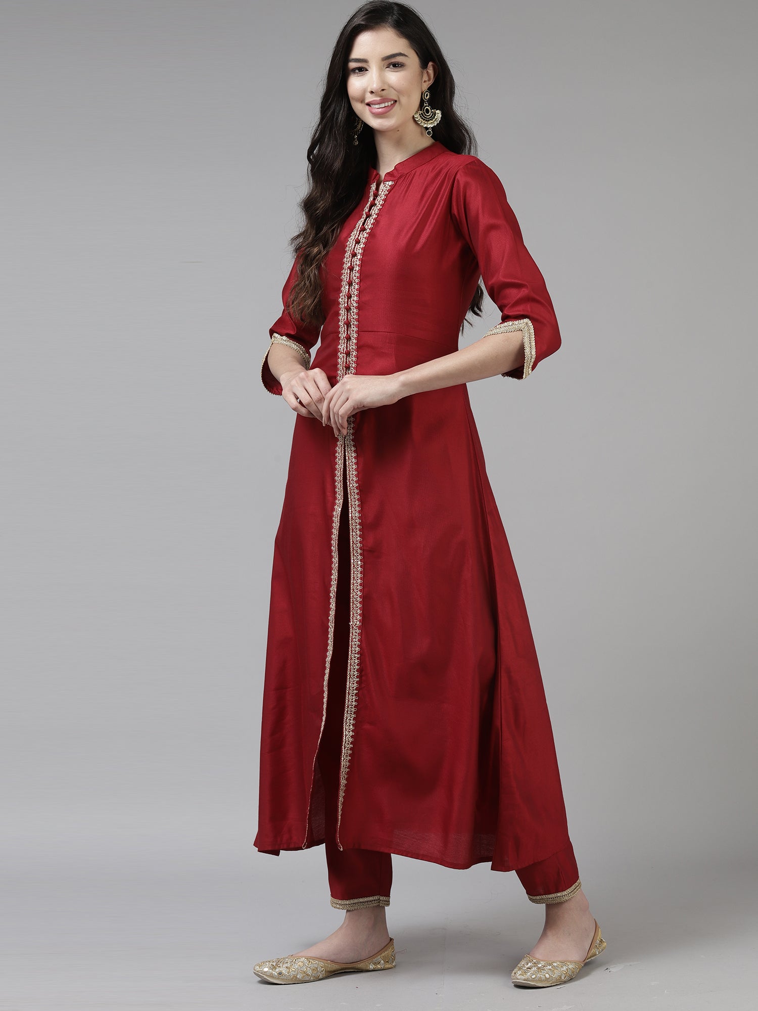 Indo Era Red Embroidered Straight Kurta Trouser With Dupatta Set - Distacart