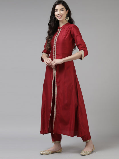Indo Era Red Embroidered Straight Kurta Trouser With Dupatta Set - Distacart