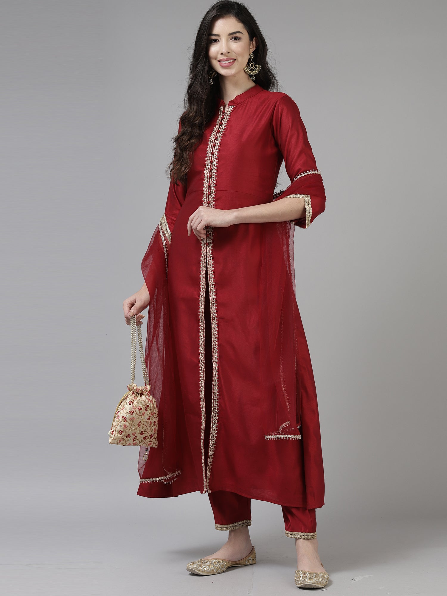 Indo Era Red Embroidered Straight Kurta Trouser With Dupatta Set - Distacart