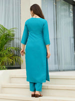 Thumbnail for The52 Blue Women's Gorgeous Viscose Fabric Embroidered Work Straight Kurta, Pant and Dupatta Set - Distacart
