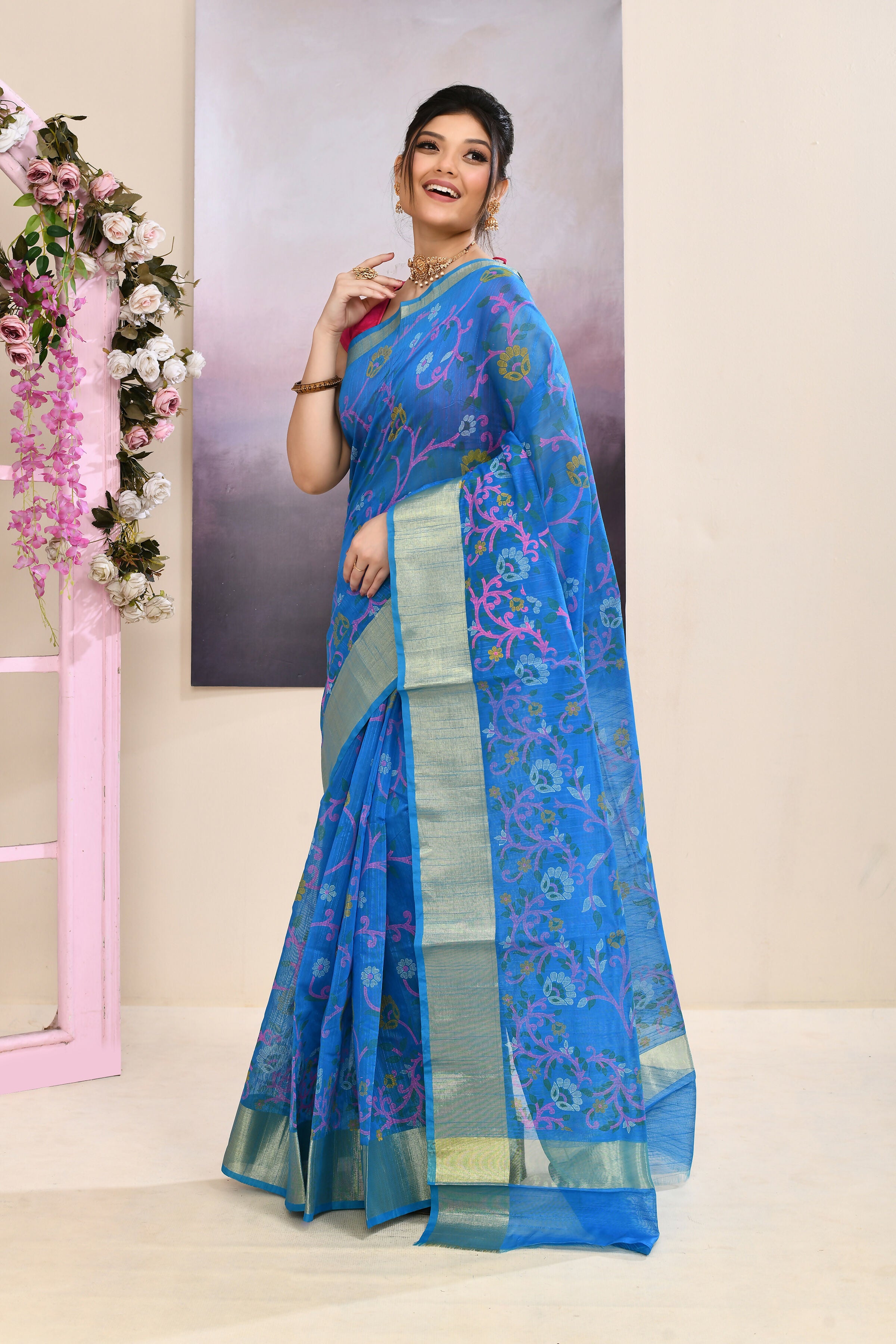 Piyari Fashion Women's Sky Blue Embellished Cotton Blend Printed Saree - Dista