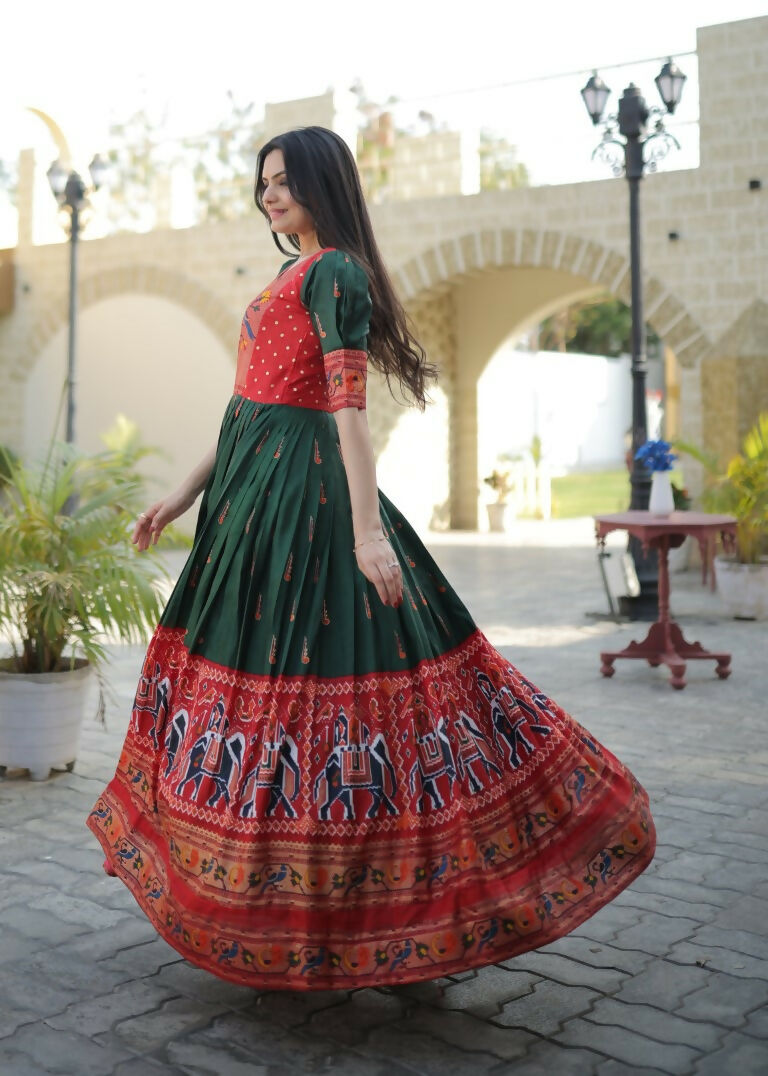 Jyoti Fashion Women's Bottle Green Patola with Foil Print Dola Silk Anarkali Dress - Distacart