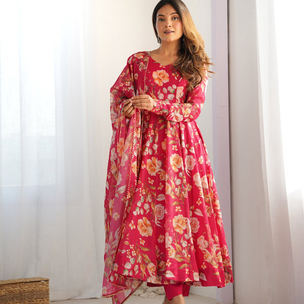 Lehenga Mart Organza Silk Anarkali Style Gown With Dupatta - pink - Distacart