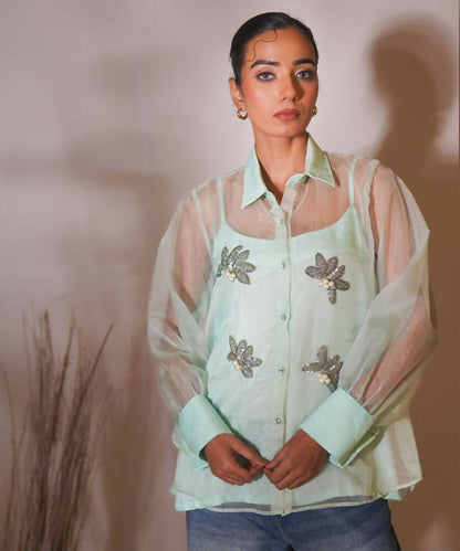Timaraa Mint Whisper Hand-Embellished Organza Shirt - Dista