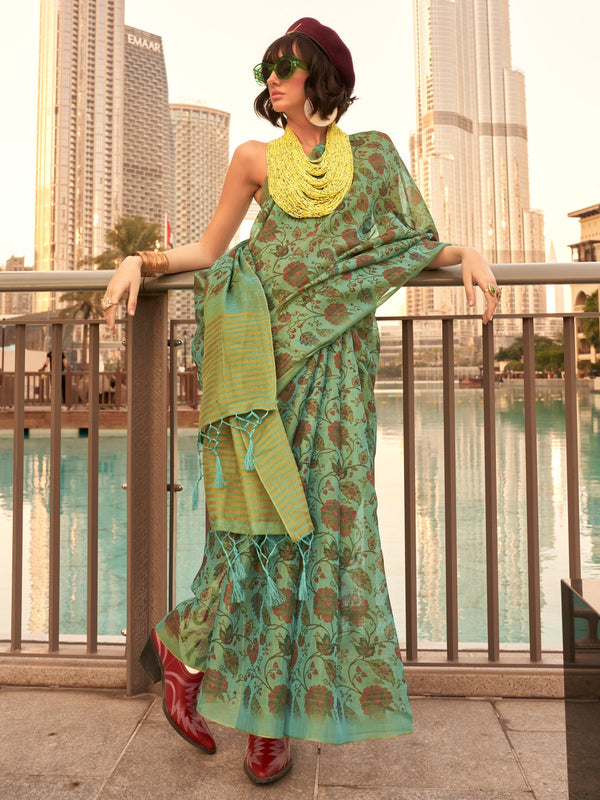 NOZ2TOZ Women's Tissue Sea Green Printed Designer Saree With Blouse Piece - Distacart