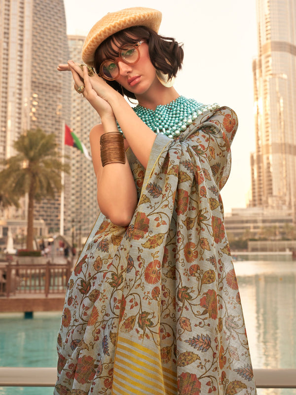 NOZ2TOZ Women's Tissue Grey Printed Designer Saree With Blouse Piece - Distacart