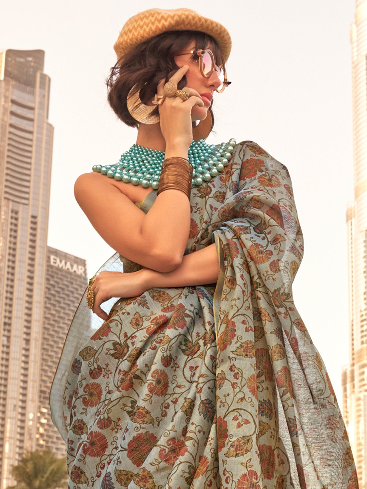 NOZ2TOZ Women's Tissue Grey Printed Designer Saree With Blouse Piece - Distacart