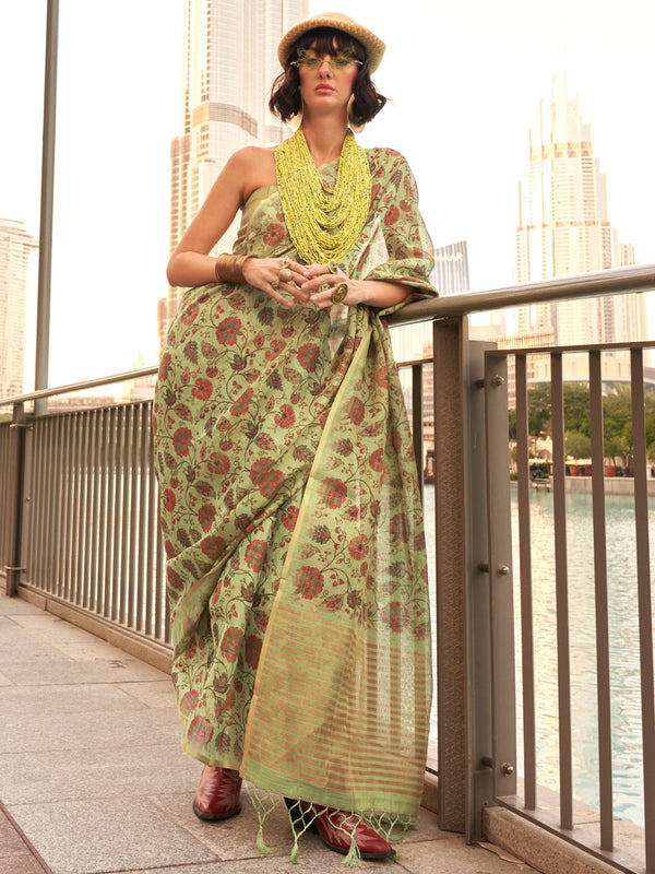 NOZ2TOZ Women's Tissue Light Green Printed Designer Saree With Blouse Piece - Distacart