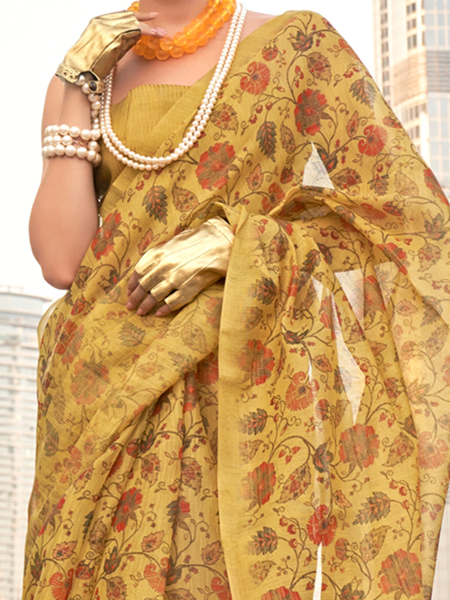 NOZ2TOZ Women's Tissue Mustard Printed Designer Saree With Blouse Piece - Distacart