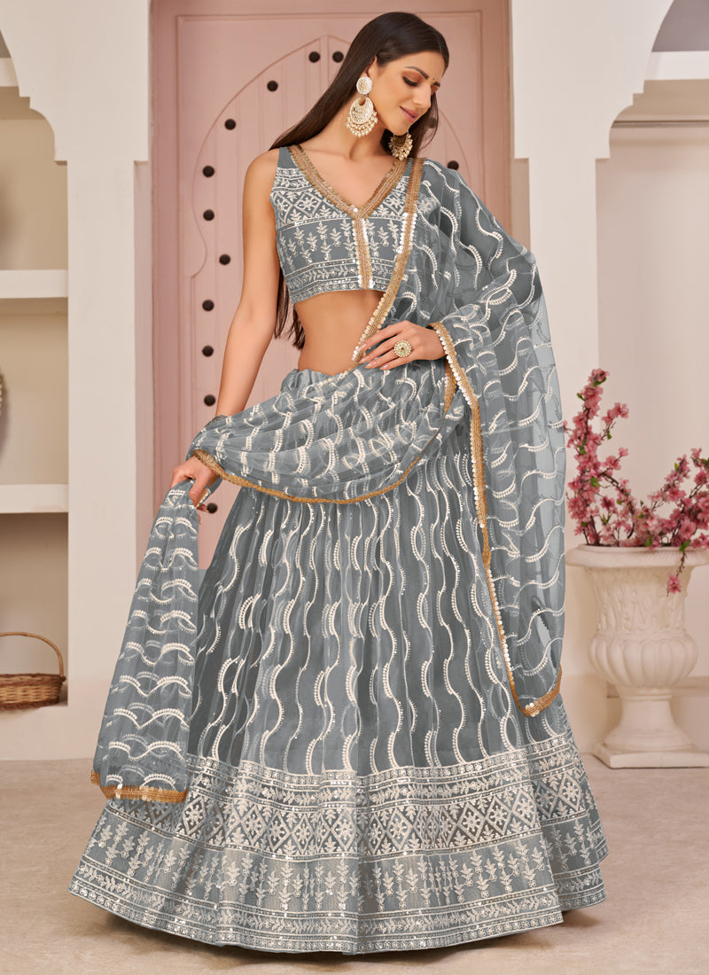 Vegaa Fashion Grey Butterfly Net Embroidery Thread Designer Lehenga - Distacart