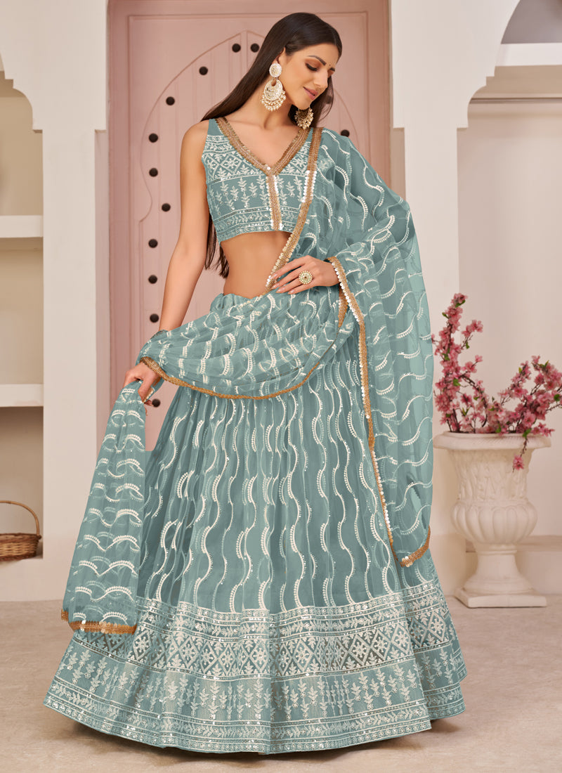 Vegaa Fashion Ocean Blue Butterfly Net Embroidery Thread Designer Lehenga - Distacart