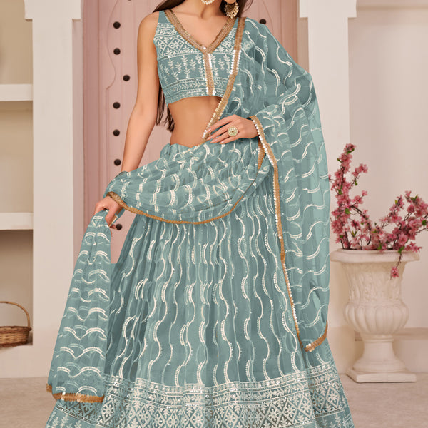 Vegaa Fashion Ocean Blue Butterfly Net Embroidery Thread Designer Lehenga - Distacart