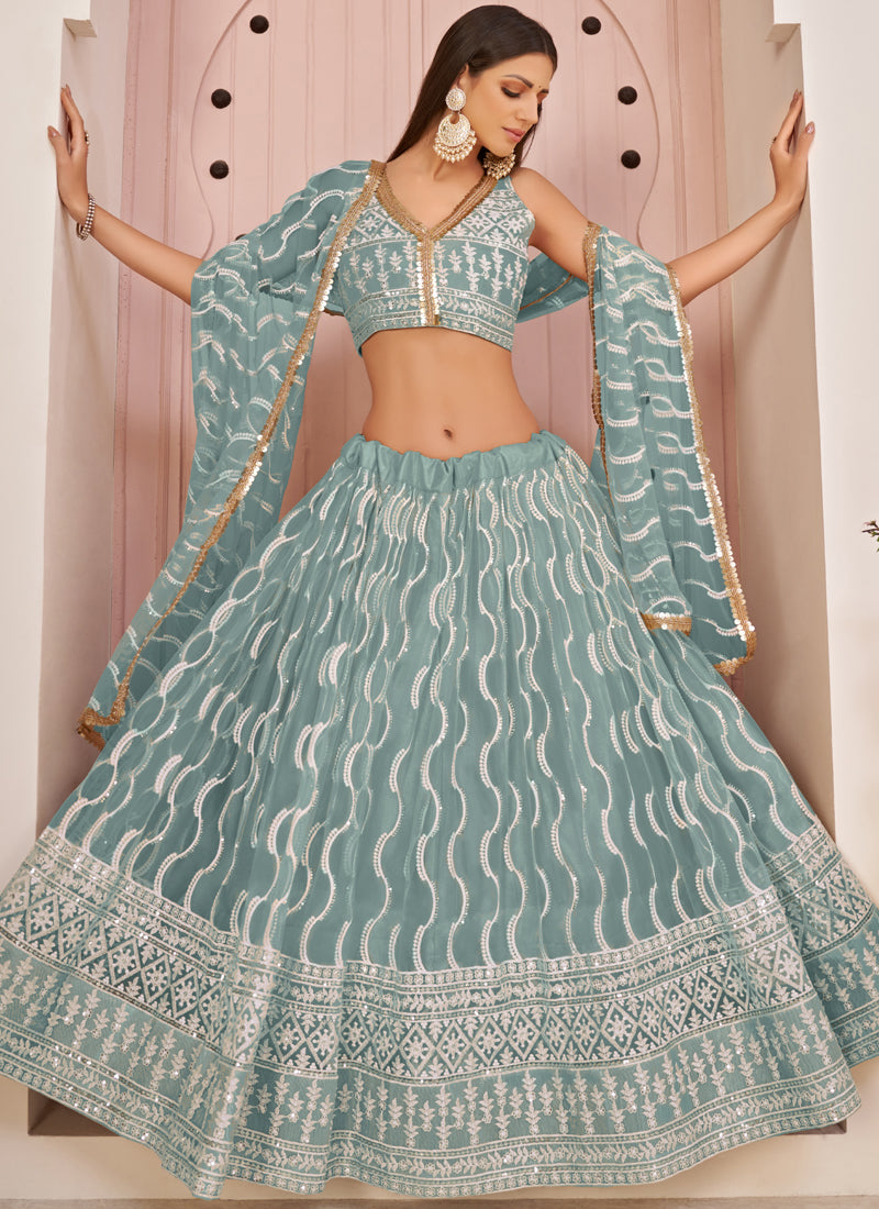 Vegaa Fashion Ocean Blue Butterfly Net Embroidery Thread Designer Lehenga - Distacart