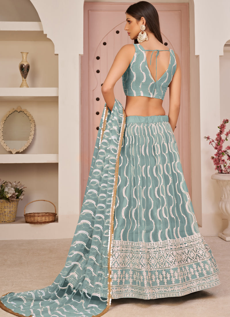 Vegaa Fashion Ocean Blue Butterfly Net Embroidery Thread Designer Lehenga