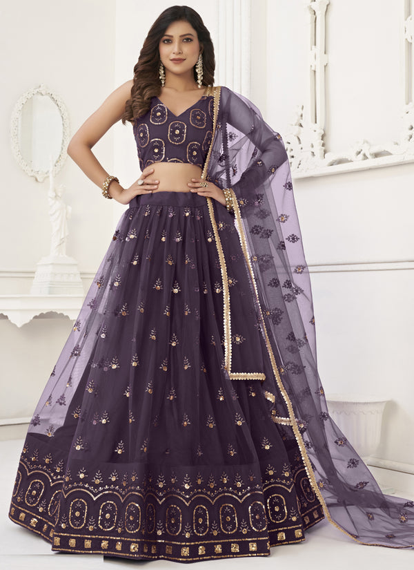 Vegaa Fashion Wine Butterfly Net Embroidery Thread Designer Lehenga
