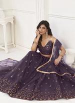 Thumbnail for Vegaa Fashion Wine Butterfly Net Embroidery Thread Designer Lehenga